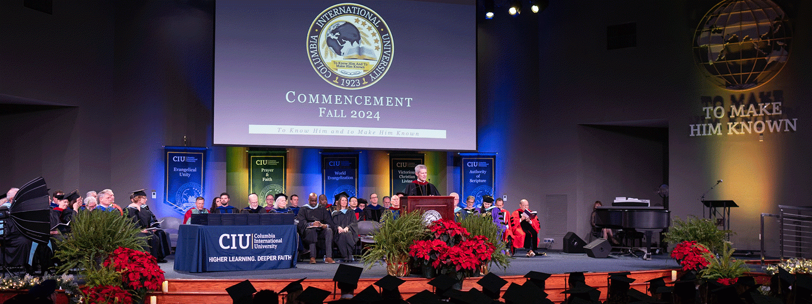 CIU President Dr. Bill Jones at the podium for the 2024 December commencement. (Photo by Noah Allard